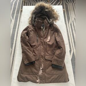 Women's Brown Faux Fur-Trimmed Parka XS color is a brown olive green shade